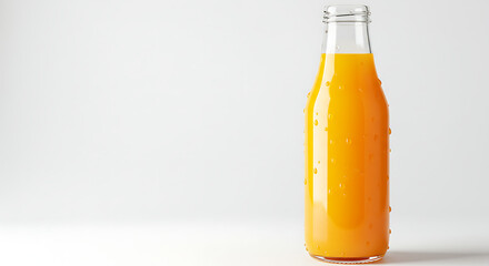Refreshing and Vibrant: A Close-Up of a Glass Bottle Filled with Delicious Orange Juice on a Clean, White Background for