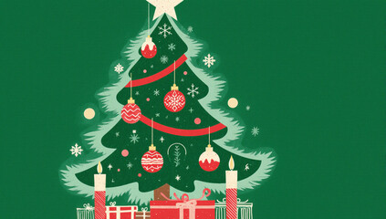 Christmas tree green background red ornament white snowflake festive gift holiday candle ribbon winter celebration seasonal decor joyful mood