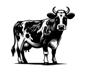 Monochrome Majesty An Engraved Dairy Cow Illustration Evoking Farm Freshness and Rustic Charm in a Classic Black and White Style