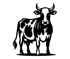 Monochrome Majesty A Striking Black and White Illustration of a Dairy Cow Standing Tall on a White Background