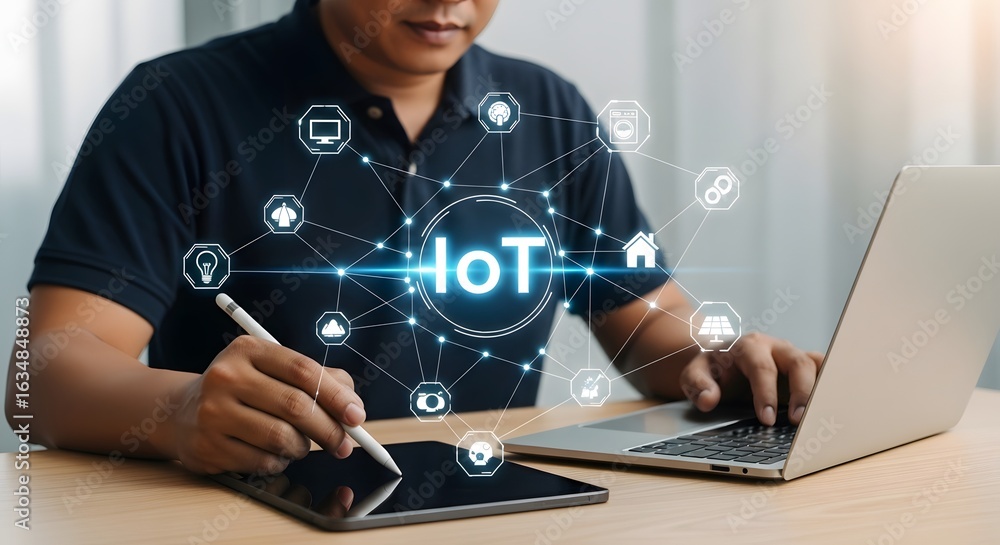 Poster internet of things iot technology concept man working on laptop and tablet connecting devices