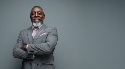 portrait of successful black businessman standing against grey wall smilng senior entrepreneur in formal clothing looking at camera mature happy man isolated on grey background with copy space no log