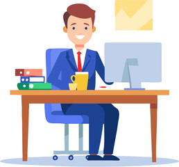 Businessman Working at Office Desk on Computer – Modern Workplace Illustration
