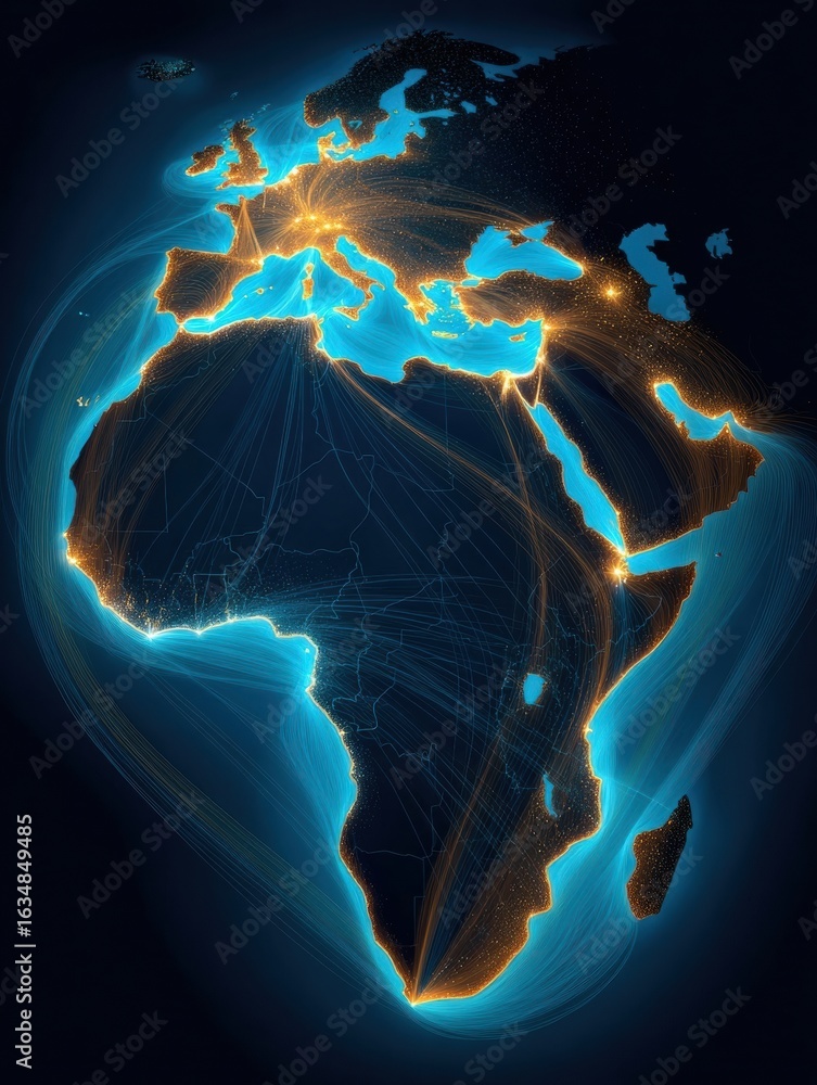 Poster visual representation of illuminated connections between africa and europe highlighting data flows a