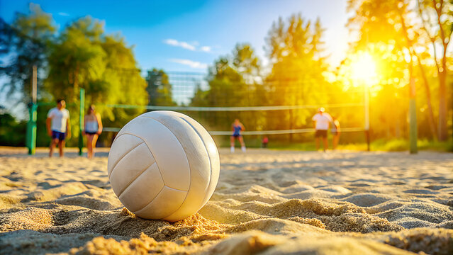 Golden hour sunlight illuminates a beach volleyball game with a ball in the foreground