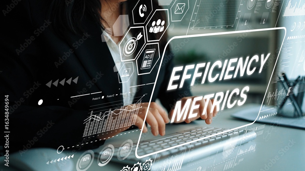 Aufkleber businesswoman analyzing data with efficiency metrics in a modern office environment for corporate gr
