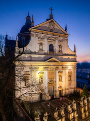 Aerial view of St Peter and Paul church in Krakow old town, Poland, during blue hour