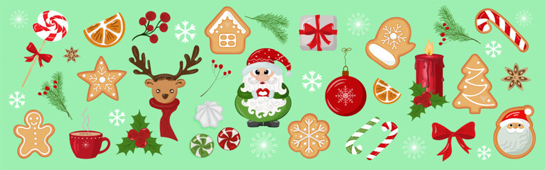 Vector Set of Colorful holiday Christmas illustrations present a joyful array of treats including cookies, candies, Santa, reindeer. For Christmas themes, sweet designs, packaging, and holiday cards.