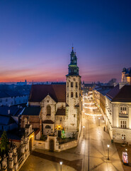 St Andrew church towers and Grodzka street over Krakow old city during blue hour, Krakow, Poland
