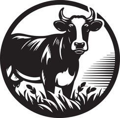 Monochrome Silhouette of a Cow in a Field Framed by a Circular Border Artistic Illustration of Rural Farm Life