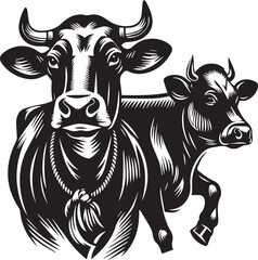 Illustrative Black and White Depiction of Two Cows Portraying a Farm Animal Aesthetic in a Flat Vector Style Design