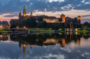 Wawel Castle in Krakow, Poland, seen from the Vistula boulevards in the morning
