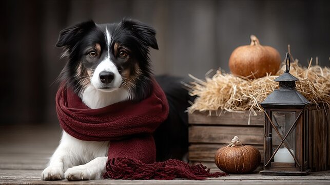 A playful dog wrapped in a warm scarf poses beside pumpkins and straw, capturing the essence of fall in a rustic setting