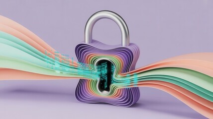 Colorful padlock with flowing ribbons on purple background representing AI  