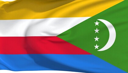 Comoros national flag with horizontal stripes and crescent emblem.