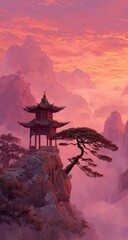 Serene sunset hues paint misty mountains, a crimson pagoda perched dramatically on a cliff, a solitary pine clinging to the precipice
