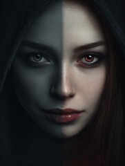Naklejka premium portrait of the woman witch and vampire halloween the evil force logo concept of guile betrayal