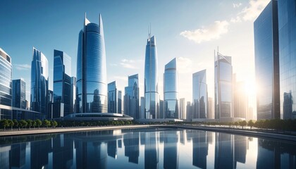 Obraz premium Modern city skyline with glass skyscrapers reflecting blue sky and clouds.