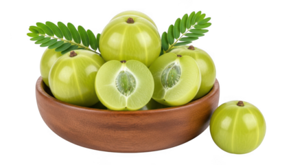 Fresh indian gooseberries amla in a wooden bowl, isolated on transparent background