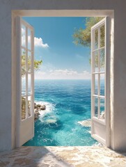 amazing view from the open window of room overlooking blue sea with clean crystal water in sunny day mediterranean scenic landscape
