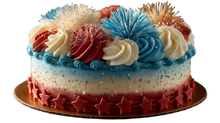 Festive patriotic cake with red, white, and blue frosting isolated on transparent background