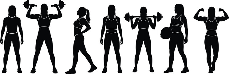 Strong fitness women silhouette vector, gym workout poses, female lifting weights, muscular woman body, bodybuilding exercise graphic illustration