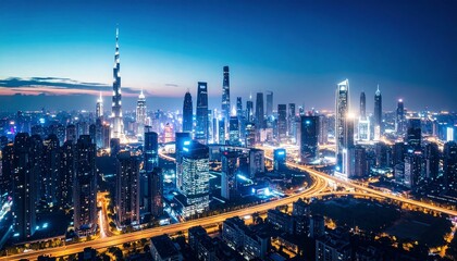 Fototapeta premium Futuristic cityscape at dusk with illuminated skyscrapers and busy highways.