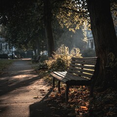 Sunlit park bench nestled amongst autumn leaves and trees, casting long shadows on a paved path