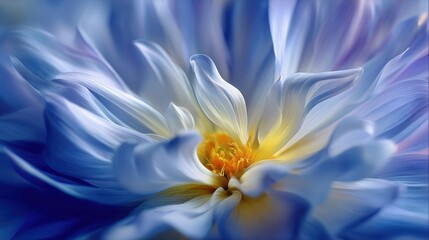 Close up macro view of delicate blue and white flower petals with a vibrant yellow center