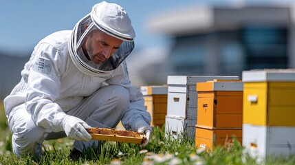Beekeeper inspects a frame filled with honeycomb while crouched next to colorful hives under clear skies, surrounded by lush grass