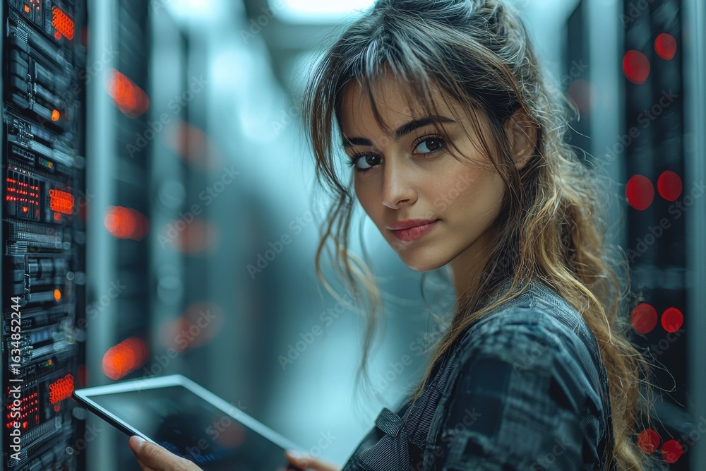 Poster data analyst inspecting network servers in a modern secure server room