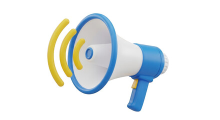 3d blue and white megaphone with sound waves isolated on transparent background