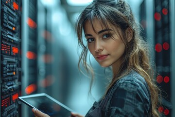 Data analyst inspecting network servers in a modern secure server room