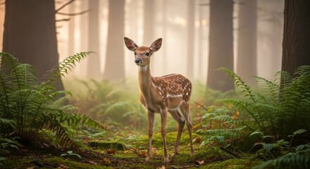 Young deer standing in a misty forest at dawn
