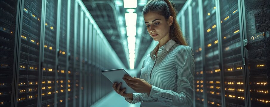 Businesswoman Supervising Server Infrastructure in a Data Center - Powered by Adobe