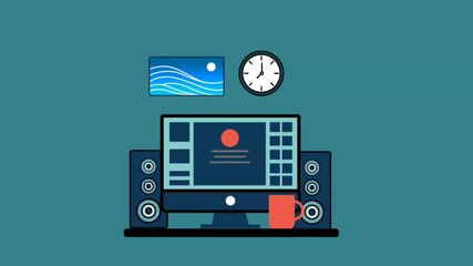 Home office workspace with modern technology and a clock showing early morning hours, video animation. - Powered by Adobe