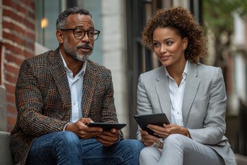 Two professionals discussing work using tablets on an outdoor seating area
