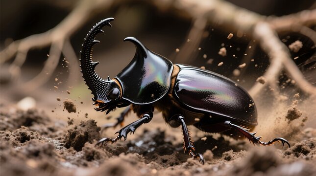 Mighty Rhinoceros Beetle with Iridescent Armor Forging Through the Earth