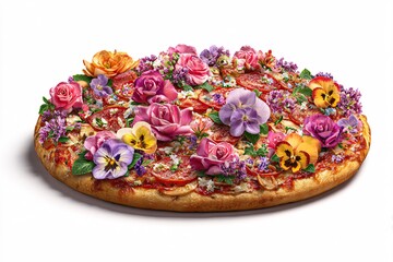 Delicious appetizing pizza with beautiful flowers. Exotic food. Image for designers, marketers and IT. Popular illustration, object. Sphere of trade, economy, sales.