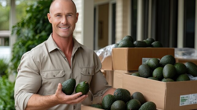 A smiling man stands confidently among freshly harvested avocados, ready to engage with customers and promote his produce