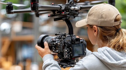 A young woman operates a camera stabilizer on a farm, capturing moments as the sun sets and casts a warm glow over the landscape
