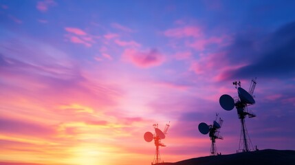 Naklejka premium Telecommunication towers silhouette against colorful sunset sky