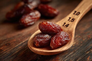 Close-up of three dark, pitted dates on a rustic wooden spoon, with more dates blurred in the background on a dark wooden surface; measurements etched on the spoon