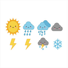 A colorful cartoon vector set of weather icons showing sun, cloud, rain, wind, and moon symbols for a clear forecast illustration