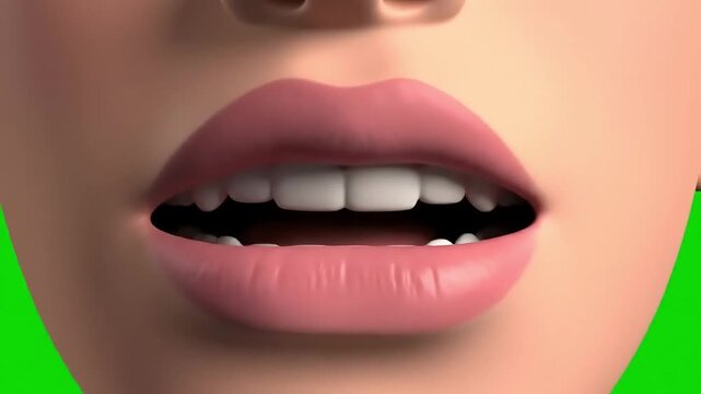 Detailed 3D render of a woman's mouth with pink lipstick talking, showing perfect teeth. CGI animation for lip-sync on a green screen.