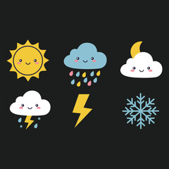 A seamless pattern of funny cartoon animal weather icons, including a cute sun, cloud, and cat, for a baby's design