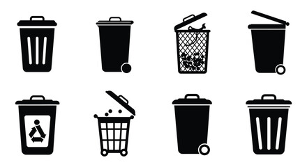 modern detailed professional high quality Black Silhouette Trash Can Icons Set