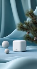 A minimalist white cube rests on a blue fabric backdrop, accompanied by snowballs and pine branches, suggesting a winter or holiday theme