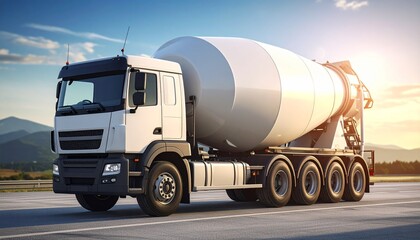 White cement mixer truck driving through scenic rural road under clear sky.