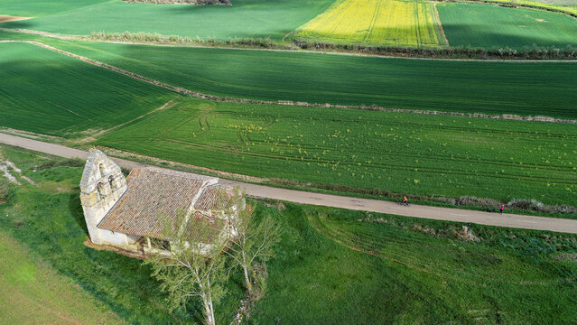 Aerial view of Iglesia Nuestra Sra de Valdegama in Aguilar de Campoo